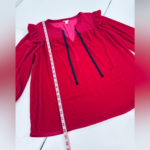 Cato Velvet Peasant Top Pink Ruffle Trim Smocked Neckline Black Tie Closure L - Picture 6 of 10